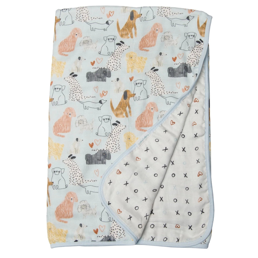 Loulou Lollipop Muslin Quilt Blanket pastel blue dog print, reversible Xs and hearts design for baby