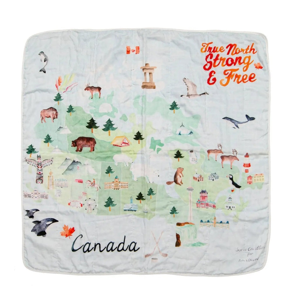Loulou Lollipop Muslin Swaddle blanket in pale blue, laid flat to reveal a Canada map with wildlife.