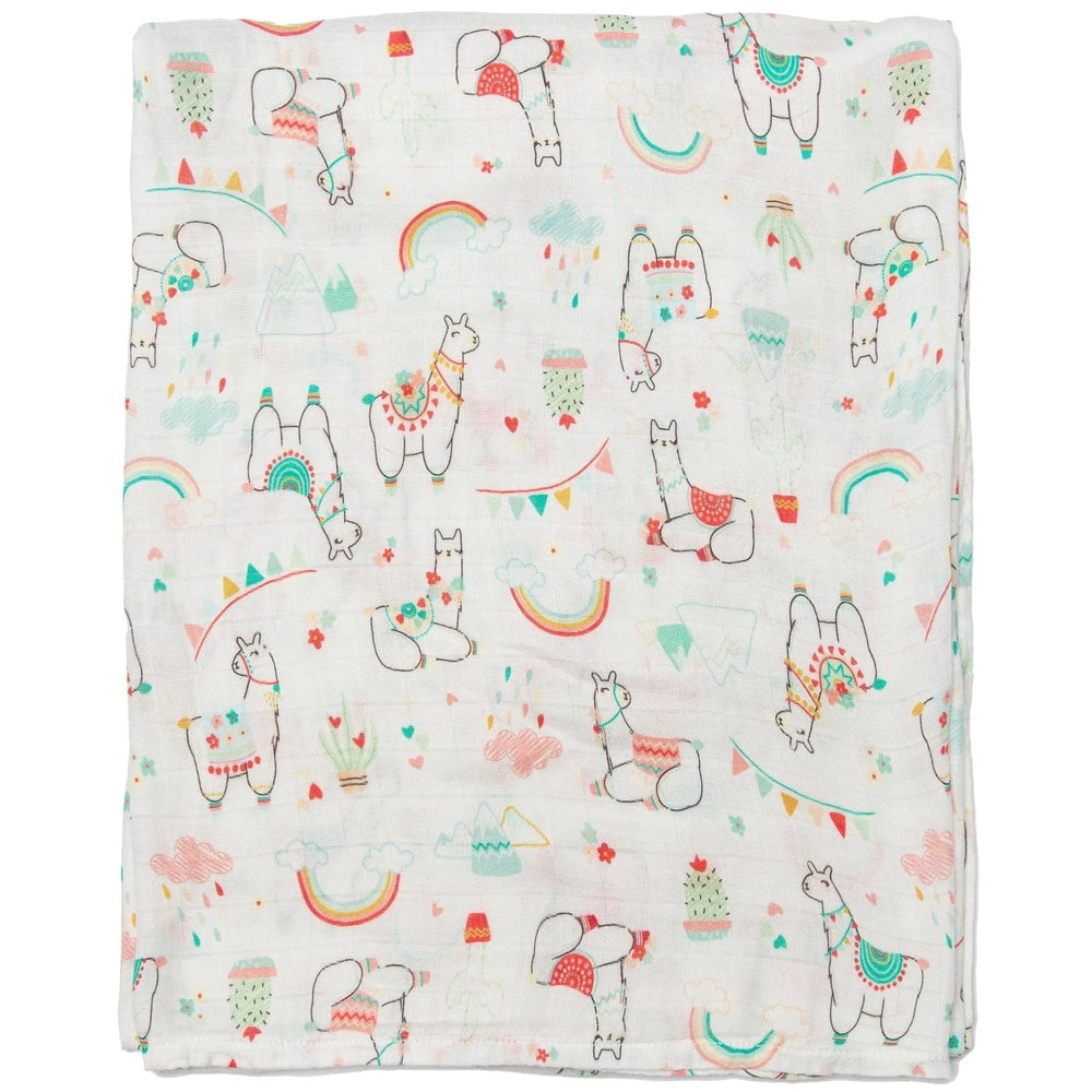 Loulou Lollipop Muslin Swaddle, pastel llama print on a soft, breathable blanket shown laid flat.