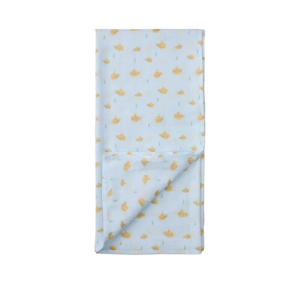 Loulou Lollipop Muslin Swaddle blanket in pale blue with yellow pattern, folded to show soft, breathable fabric.