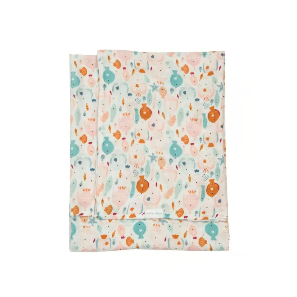 Loulou Lollipop Muslin Swaddle blanket folded neatly, pastel aqua, pink and orange print, showcasing breathable, ultra-soft fabric.
