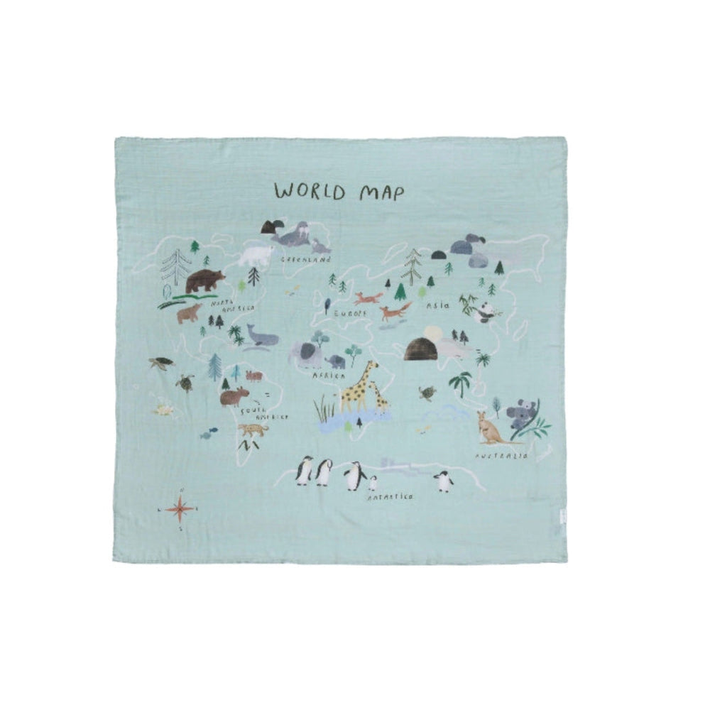 Loulou Lollipop Muslin Swaddle in light-blue world map print, displayed flat to show breathable, soft muslin fabric.