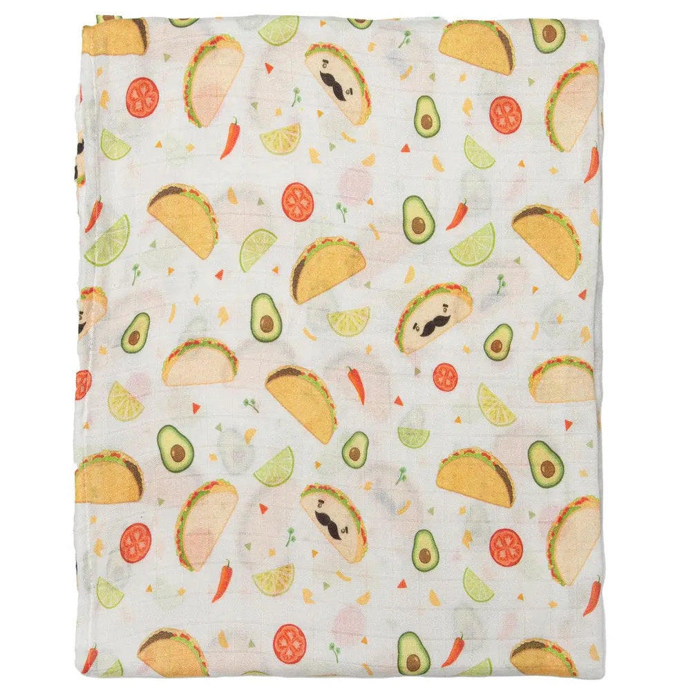 Loulou Lollipop Muslin Swaddle blanket, white with taco, avocado and lime print, soft breathable fabric.