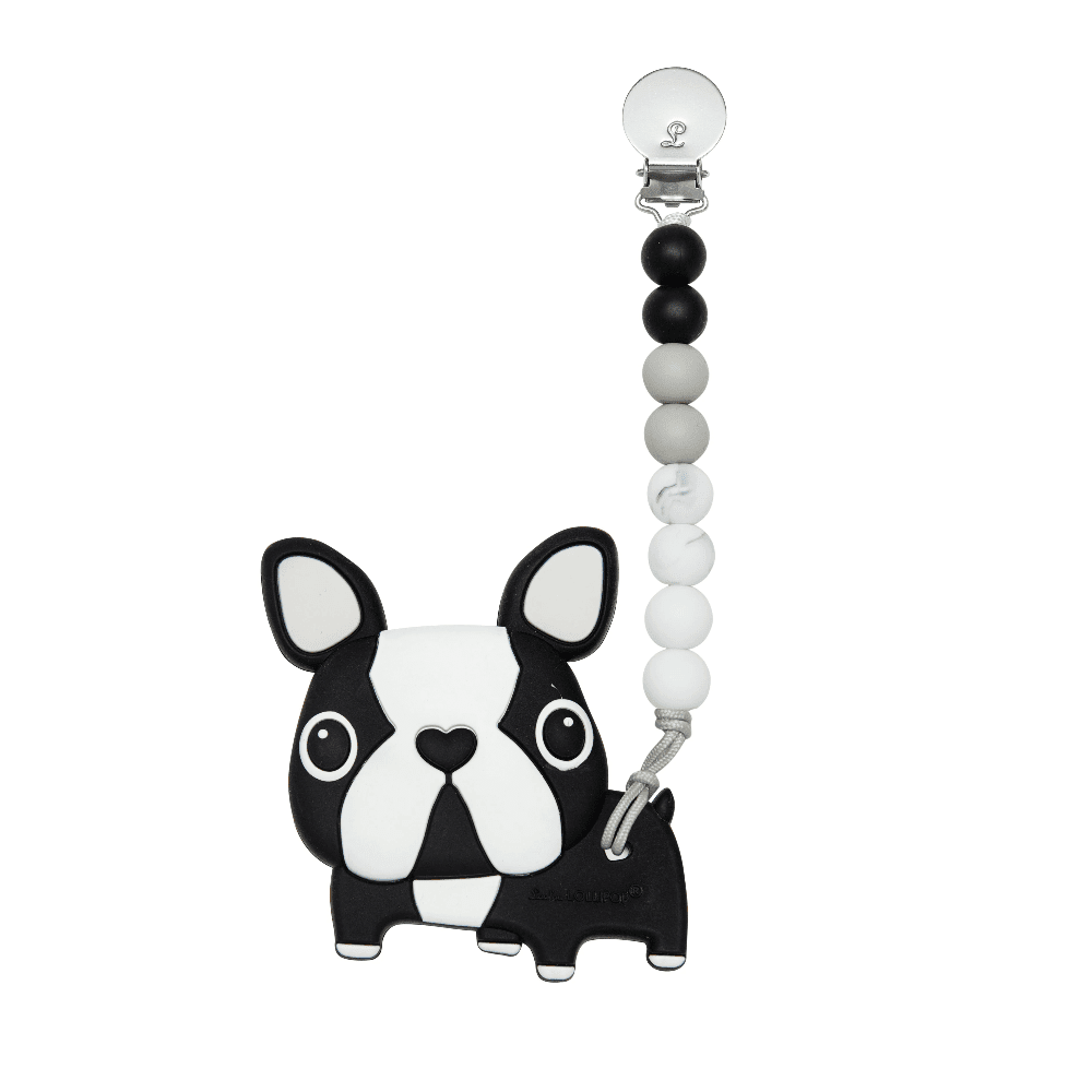 Loulou Lollipop bulldog pacifier clip teether with white, gray, and black silicone beads