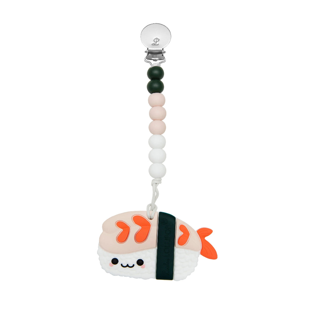 Loulou Lollipop pacifier clip teether set with pink/white beaded strap and orange fish charm