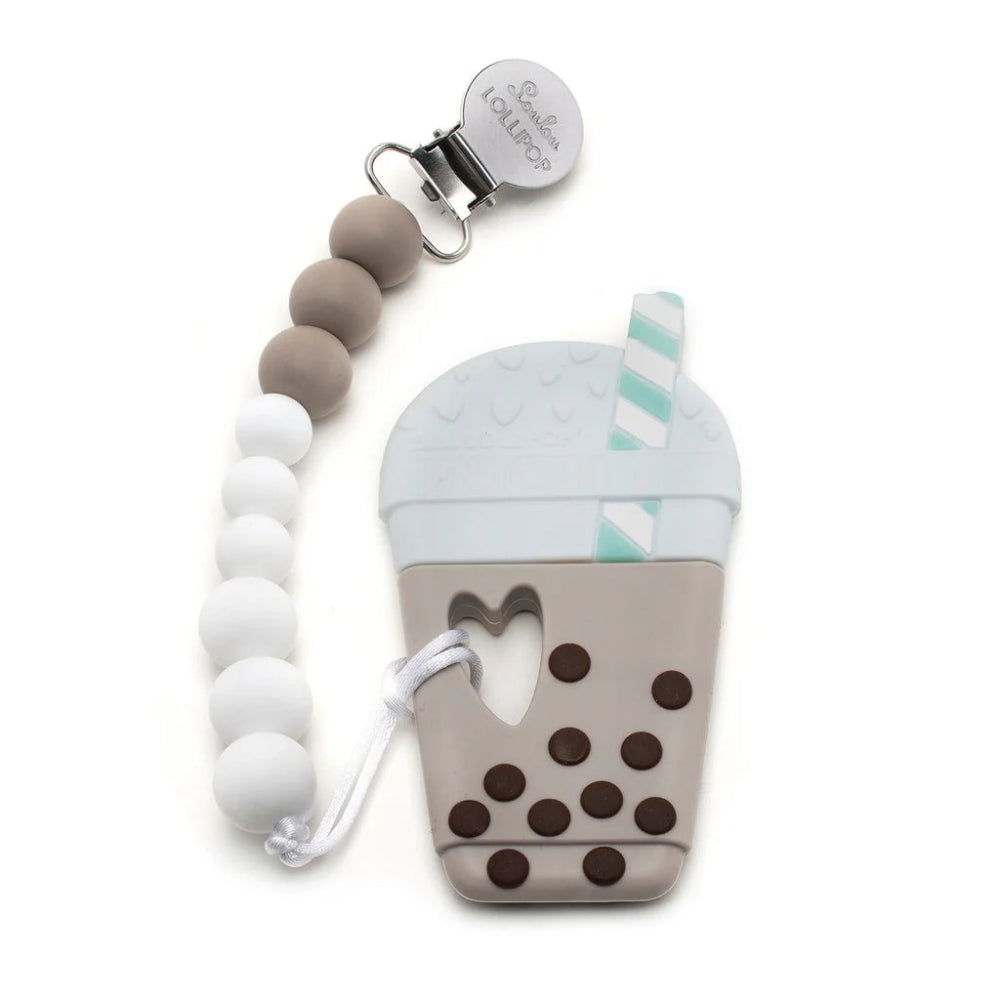 Loulou Lollipop pacifier clip teether set in bubble tea style with gray/beige cup, white and taupe beads, mint straw