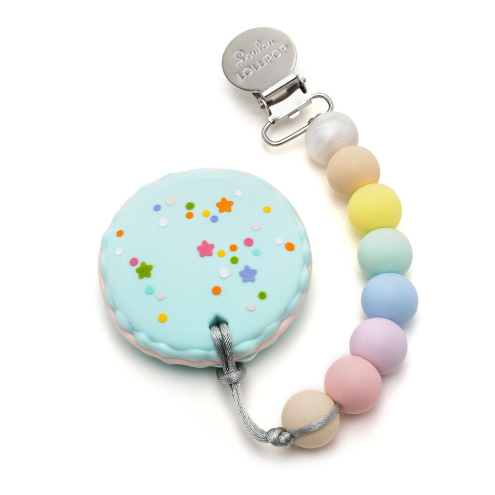 Loulou Lollipop pacifier clip teether set with pastel silicone macaron teether and rainbow bead chain