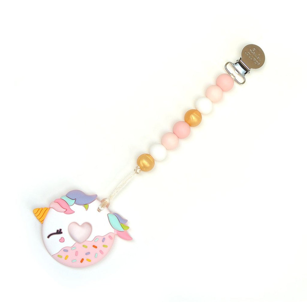 Loulou Lollipop pacifier clip teether with pastel beads and unicorn donut charm