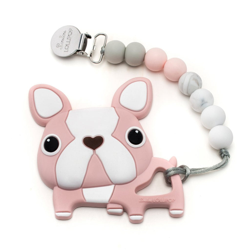 Loulou Lollipop pacifier clip teether set featuring a pink Boston Terrier silicone teether and pastel bead clip