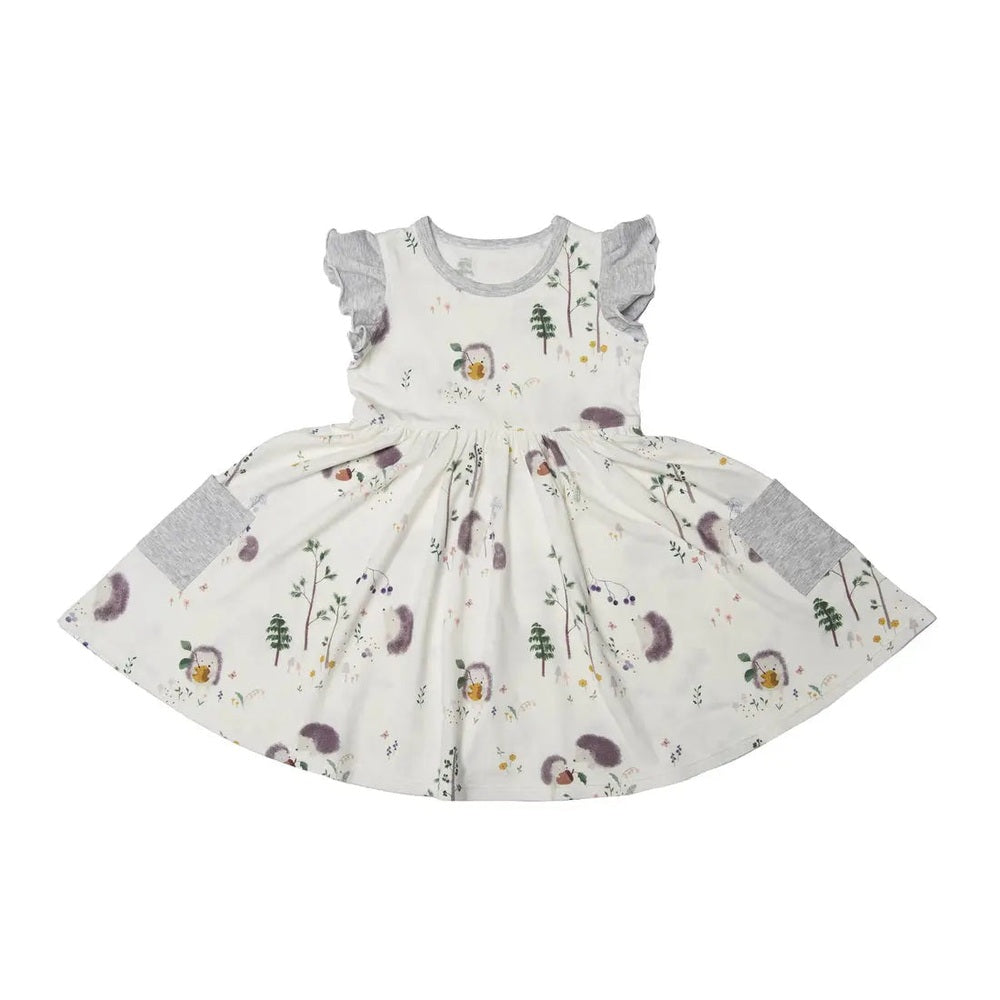 Loulou Lollipop Ruffle Pocket Dress Hedgehogs; cream dress with gray flutter sleeves and side pockets.
