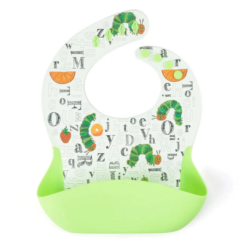 Loulou Lollipop silicone bib lime green with alphabet print; pocket catches crumbs during meals.