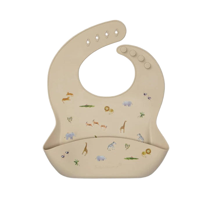 LOULOU LOLLIPOP Silicone Bib in beige with animal prints; adjustable neck snaps and front crumb pocket.