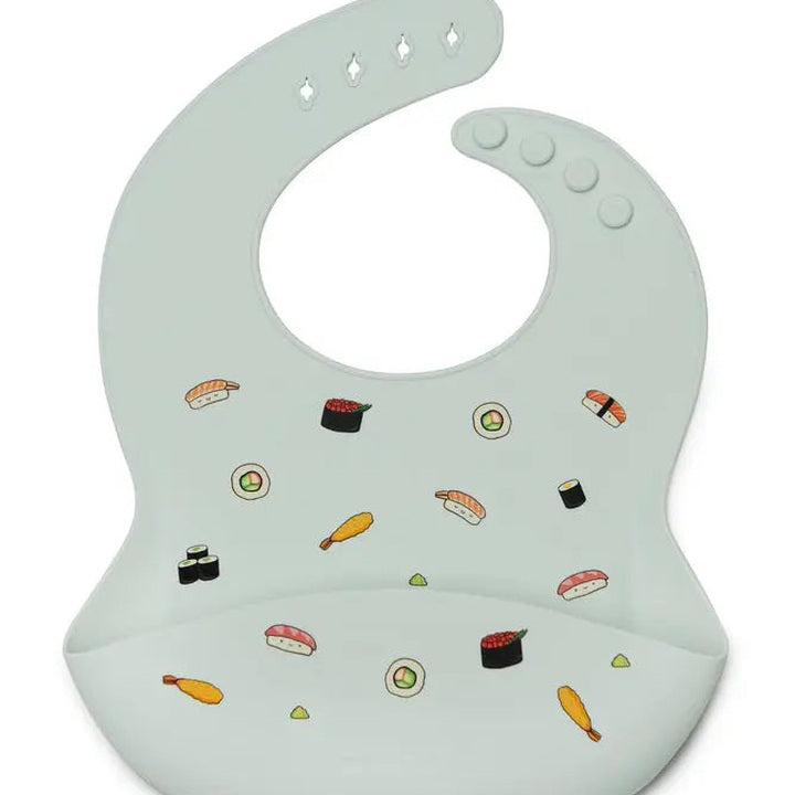 Loulou Lollipop silicone bib mint green with sushi print, adjustable neck snaps and deep crumb-catching pocket