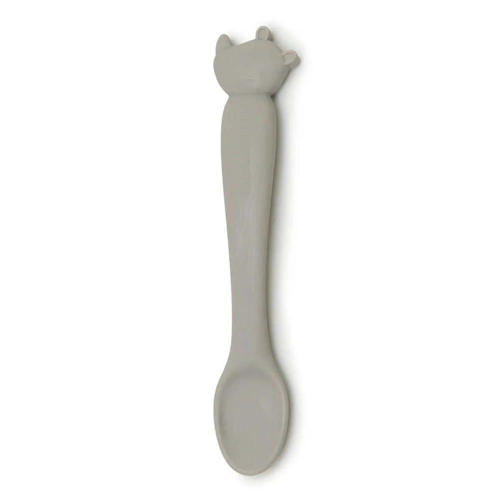 Loulou Lollipop Silicone Feeding Spoon, gray BPA-free baby utensil with cat-ear handle used for feeding.