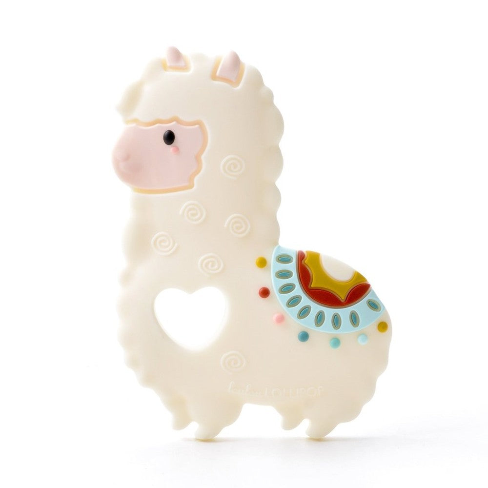 Loulou Lollipop Liama silicone teether; cream llama with colorful saddle pattern