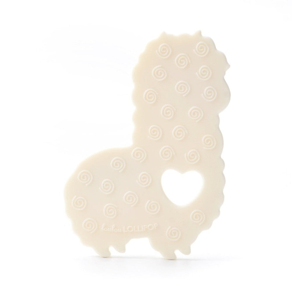 Loulou Lollipop Liama silicone teether in ivory with swirl patterns and heart cutout
