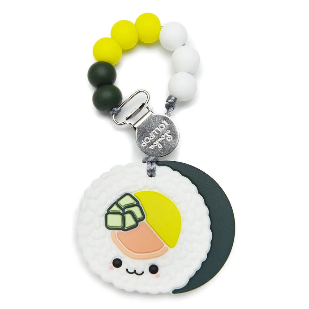 Loulou Lollipop Silicone Teether Set with yellow, white, green beads on a clip and a cute moon pendant