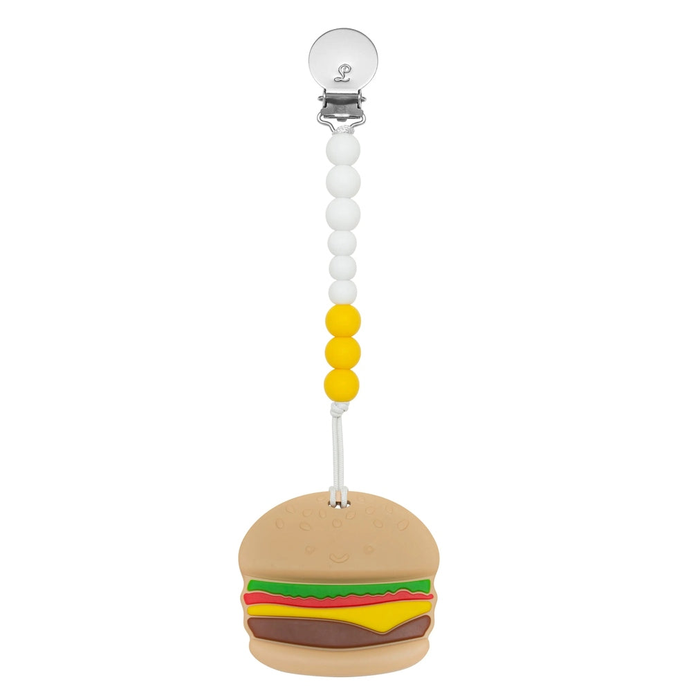 Loulou Lollipop Silicone Teether Set hamburger teether on white-yellow bead strand with clip, attached to a cord for clipping.