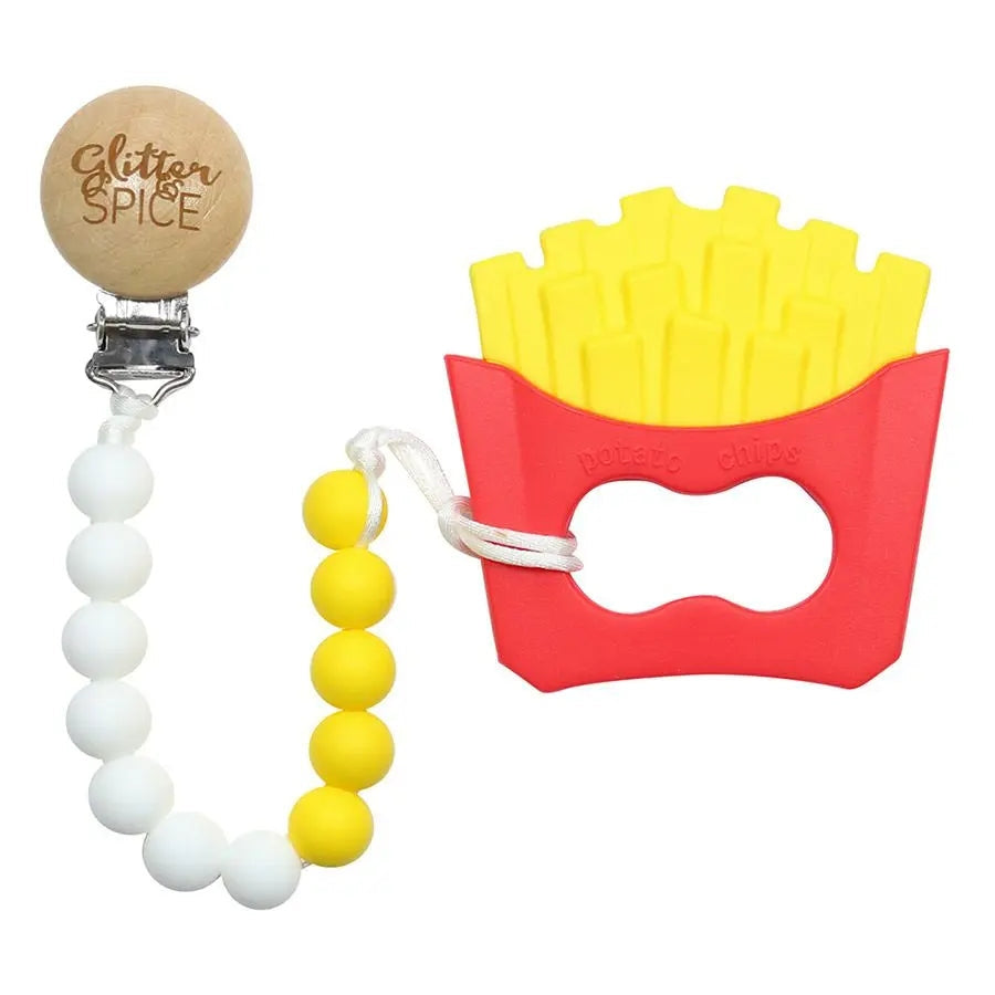 Loulou Lollipop Silicone Teether Set with a white-yellow bead clip attached to a red fries-style silicone holder.