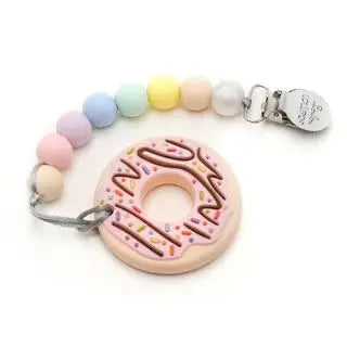 Loulou Lollipop Silicone Teether Set: donut-shaped teether with pastel bead clip chain secured by a metal clip.