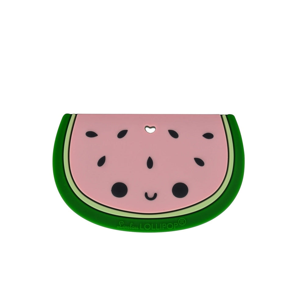 Loulou Lollipop Silicone Teether Single watermelon slice in pink flesh with green rind, smiling face.