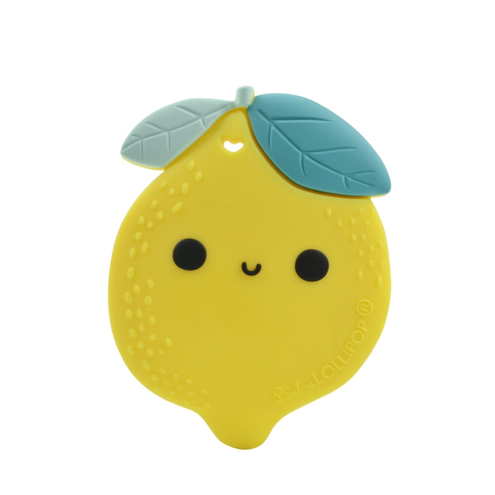 Loulou Lollipop silicone teether lemon, yellow with teal leaves, cute face