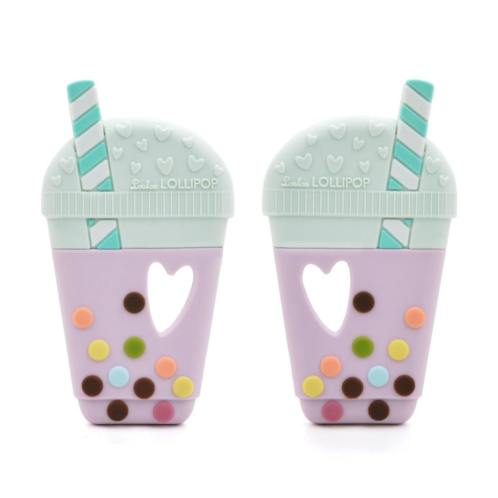 LOULOU LOLLIPOP silicone teether pair Taro Bubble Tea in lavender cups with mint straws and colorful sprinkles