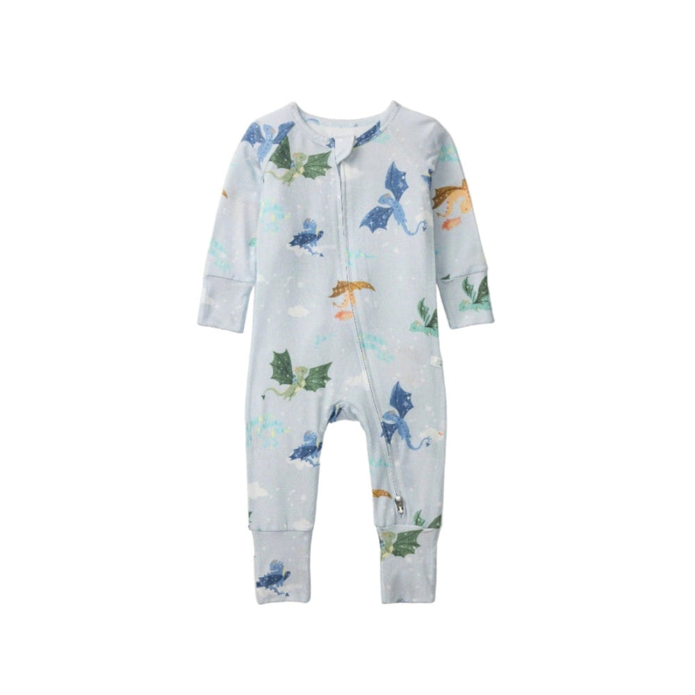Loulou Lollipop Magical Dragons sleeper: pale blue dragon-print baby sleep romper with front zipper and footed legs