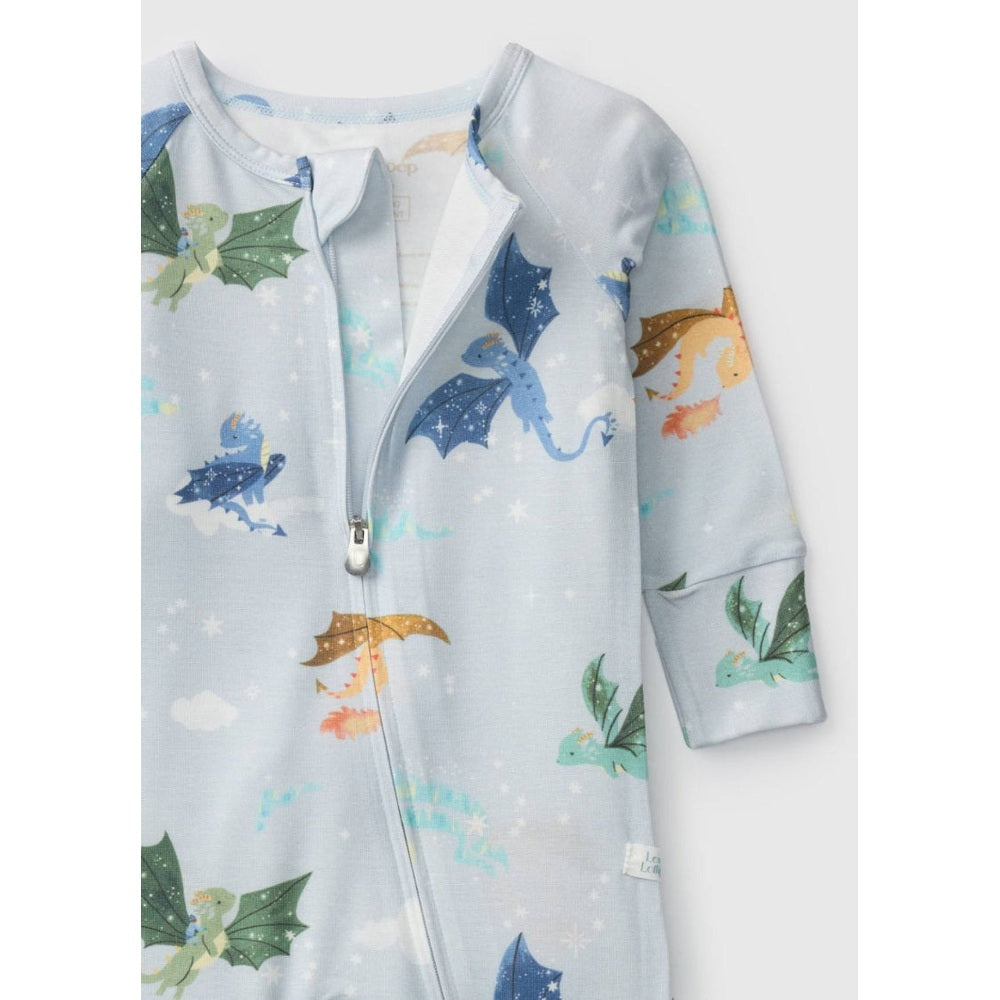 LOULOU LOLLIPOP Sleeper Magical Dragons in pale blue with dragon prints; front zipper partially open, cozy baby sleepwear.
