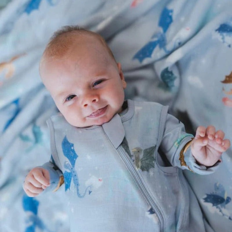 Loulou Lollipop Sleeper Magical Dragons in pale blue, zipper-front baby sleepwear, smiling infant.