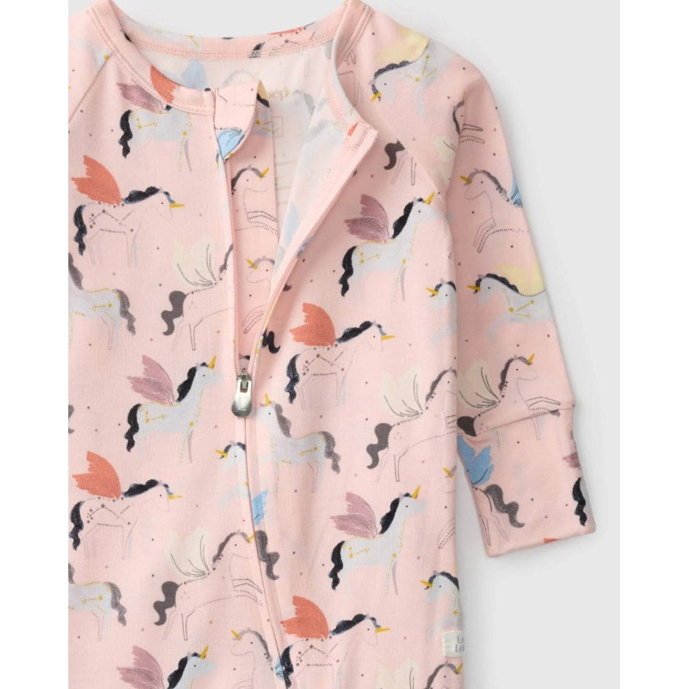 LOULOU LOLLIPOP Sleeper Unicorn Ballet in pink with pastel unicorns; zipper front partially unzipped, showing soft interior.