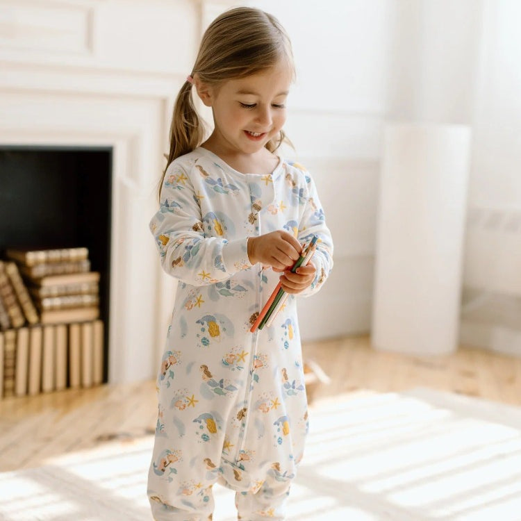 Loulou Lollipop mermaid sleepsuit, pastel blue print, 1.0 tog for babies and toddlers.