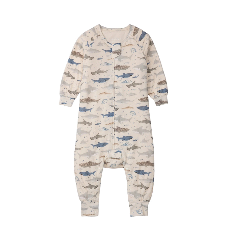 Loulou Lollipop baby sleepsuit 1.0 tog with cream base and blue-gray shark print