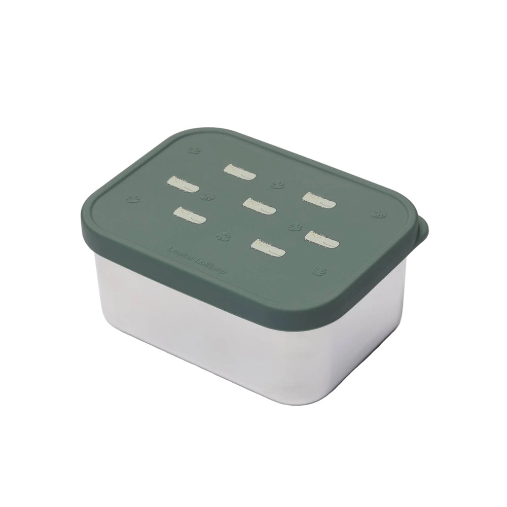 Loulou Lollipop Snack Box, sage green lid on white container, showing a secure snap-on lid for easy snacks.