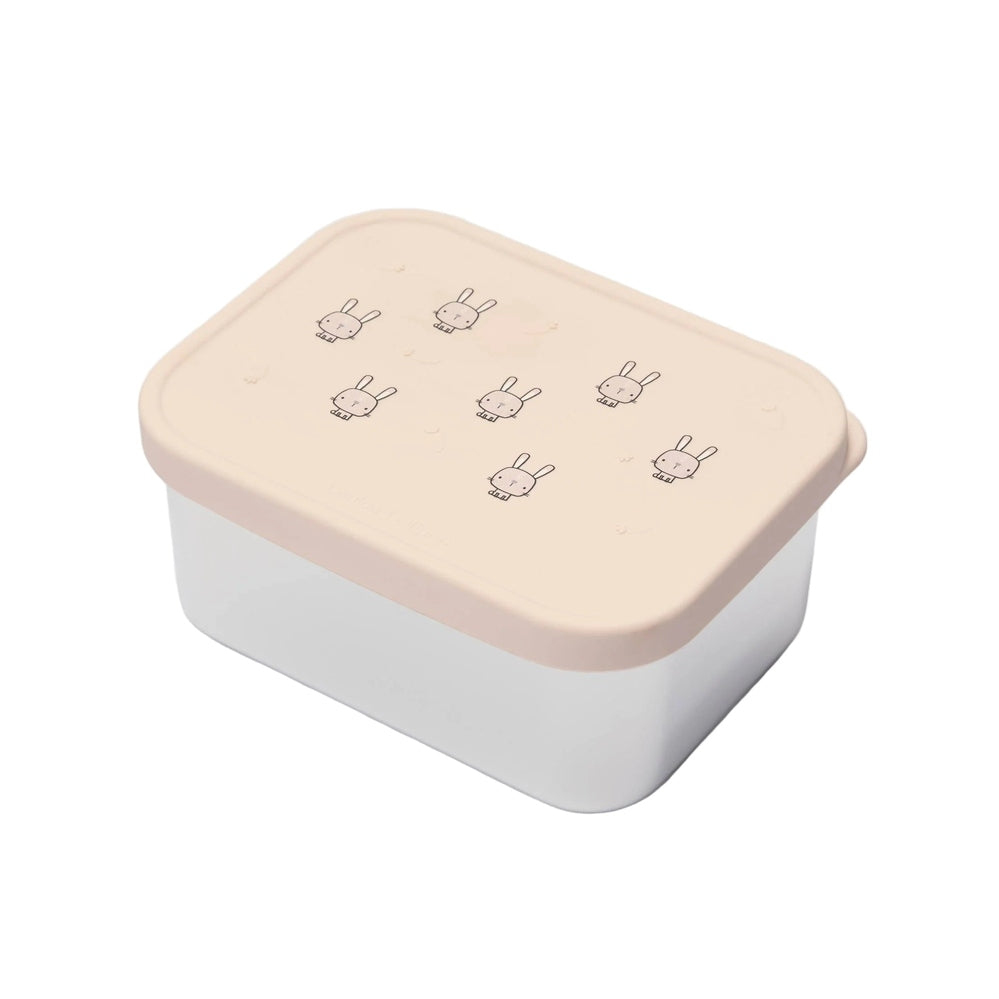 Loulou Lollipop Snack Box, white container with beige lid featuring bunny prints, lid securely closed.