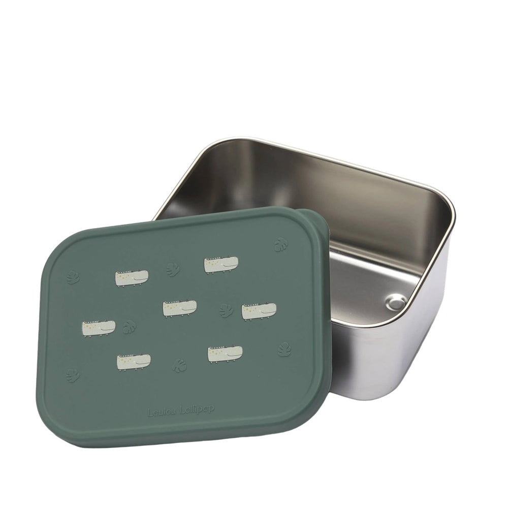 Loulou Lollipop Snack Box with green lid open to reveal stainless steel interior for kid-friendly mealtime storage