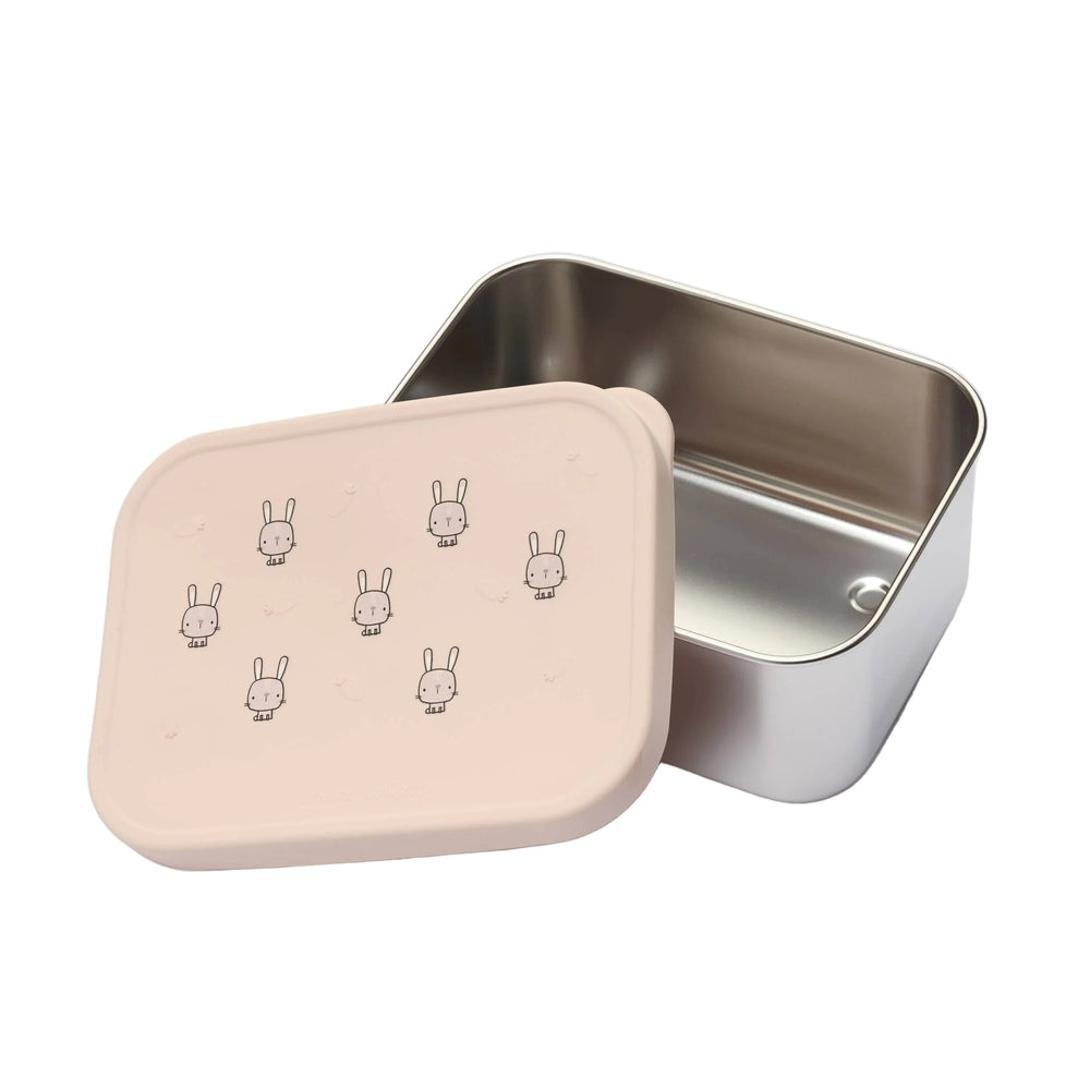 Loulou Lollipop Snack Box in pink with bunny icons, open to reveal its stainless steel interior.