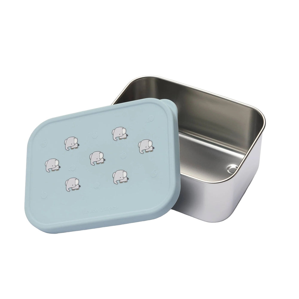 Loulou Lollipop Snack Box, stainless steel tin with pastel blue elephant-print lid open for easy mealtime with your little one.