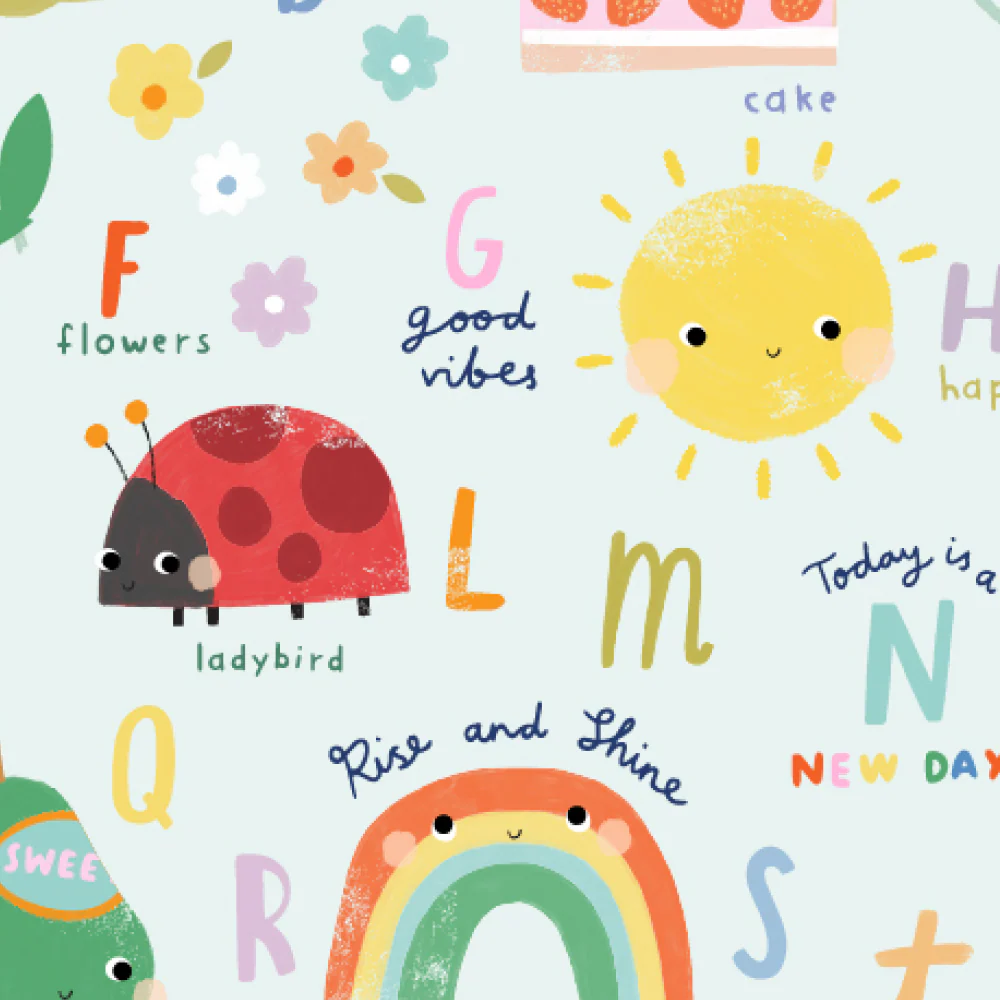 LOULOU LOLLIPOP TENCEL Sleep Bag 1.0 TOG Alphabet Smiles, laid flat in a cheerful alphabet-themed nursery scene