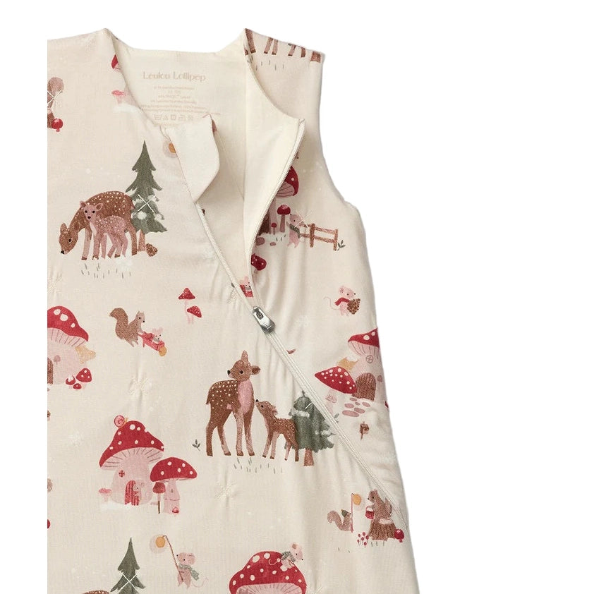 Loulou Lollipop TENCEL Sleep Bag 1.0 TOG Forest Families, cream sleep sack with woodland animals and front zipper.
