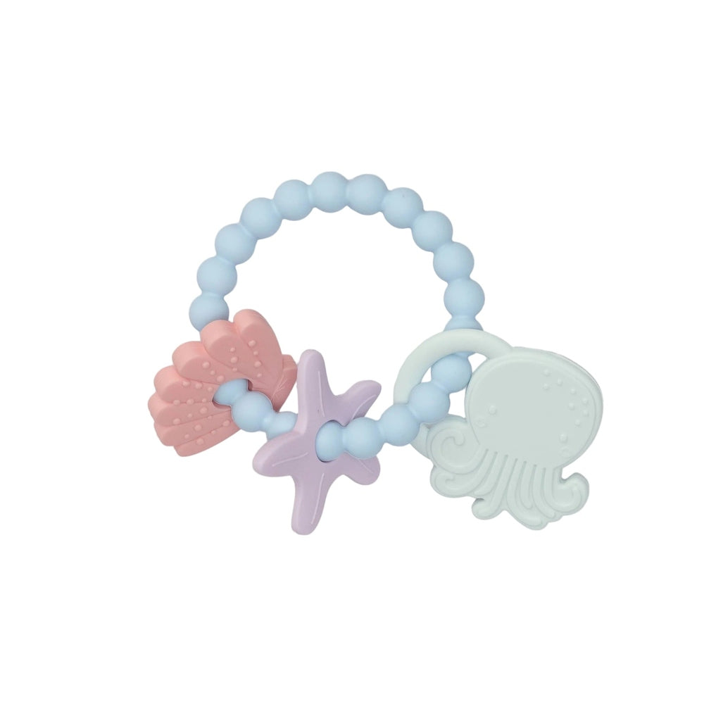 Loulou Lollipop teething charm ring with 3 pastel sea-creature charms (coral, starfish, jellyfish) on a blue bead band