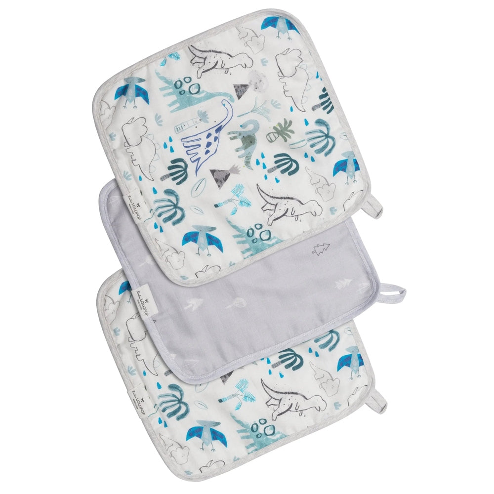 Loulou Lollipop Washcloth 3 Pieces Set: soft white/gray infant cloths with blue dinosaur print, folded and ready for bath.