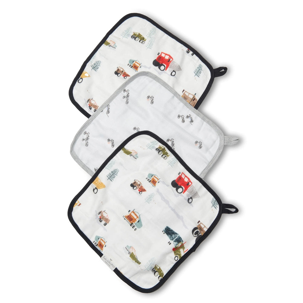 Loulou Lollipop Washcloth 3-Piece Set: white fabric with vehicle prints and navy/gray trim, three washcloths