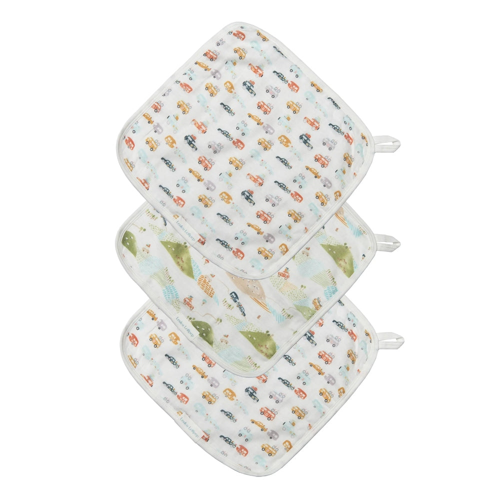 Loulou Lollipop Washcloth 3 Pieces Set: white cloths with colorful car prints, shown stacked for bath-time use.
