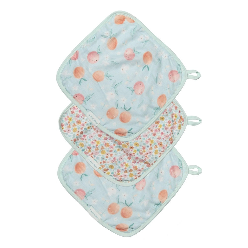 Loulou Lollipop Washcloth 3-Piece Set in mint trim, peach/blue prints, shown stacked with hanging loops.