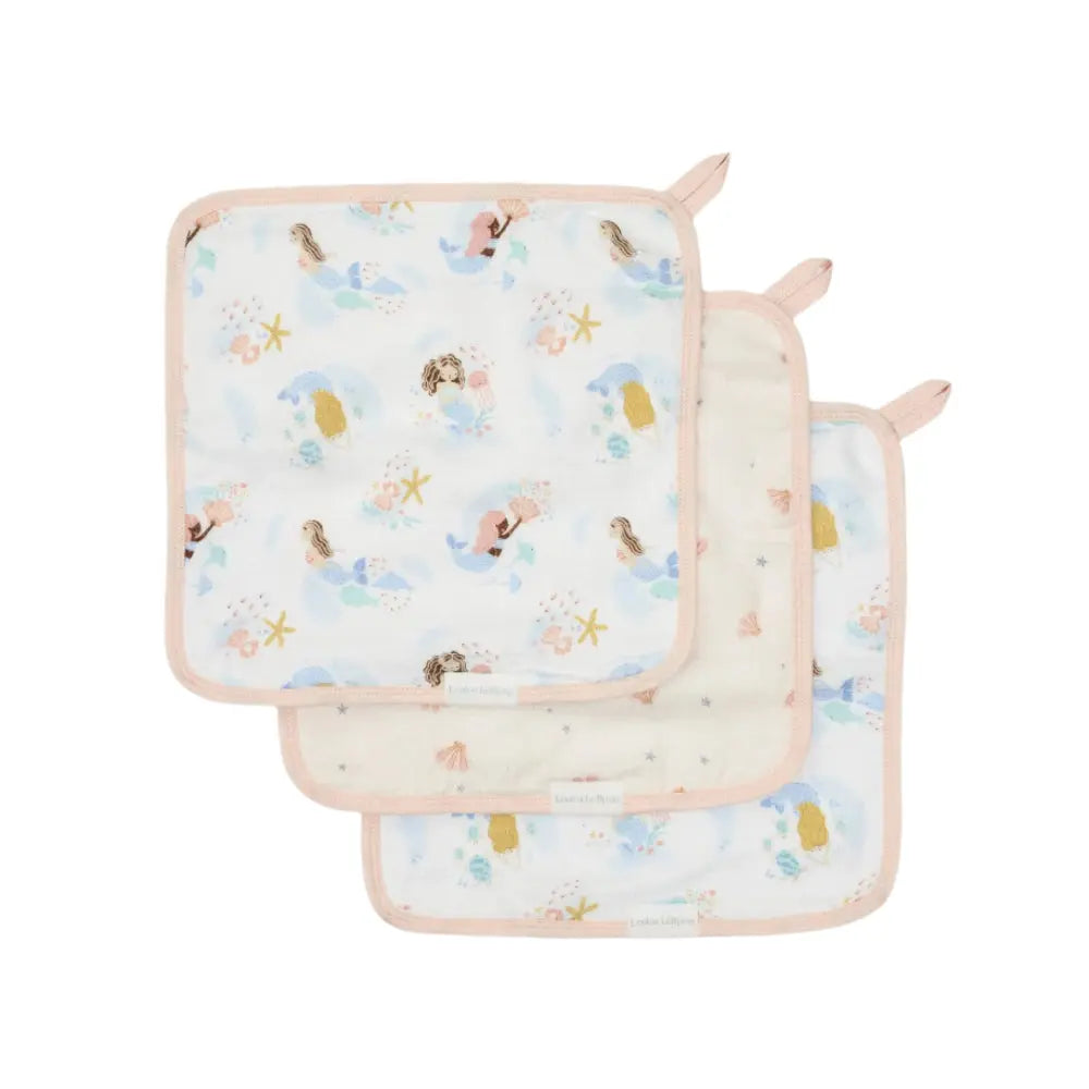 Loulou Lollipop Washcloth 3-Piece Set, pastel sea-print with pink trim, three soft cloths overlapped on display