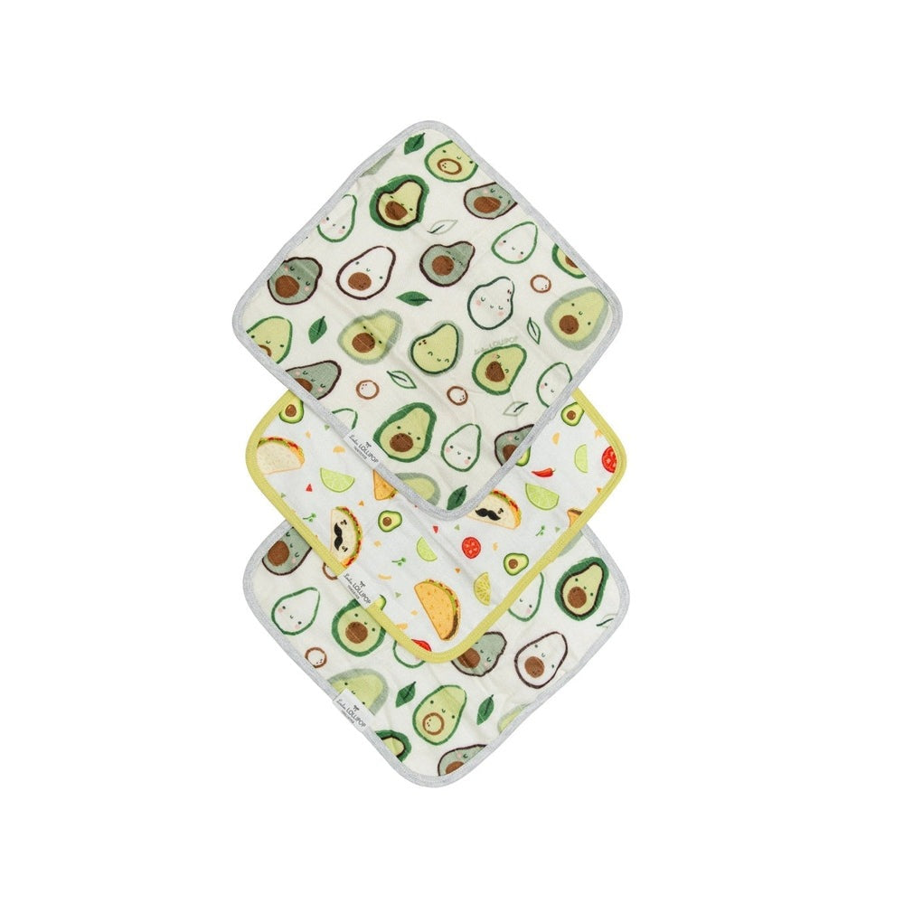 Loulou Lollipop Washcloth 3-Piece Set, pastel avocado prints, baby bath cloths for gentle cleansing