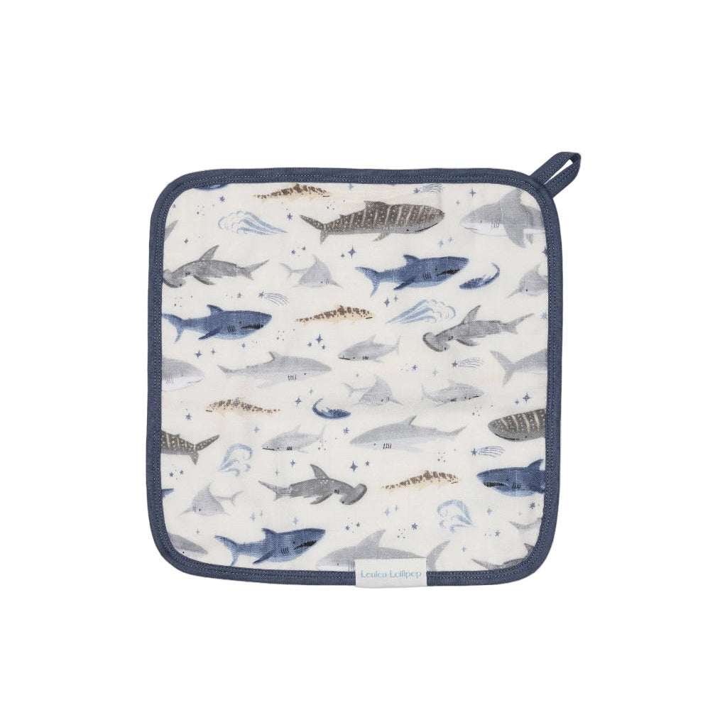Loulou Lollipop Washcloth 3 Pieces Set in navy-trim shark print, folded square baby bath cloths for gentle cleansing.