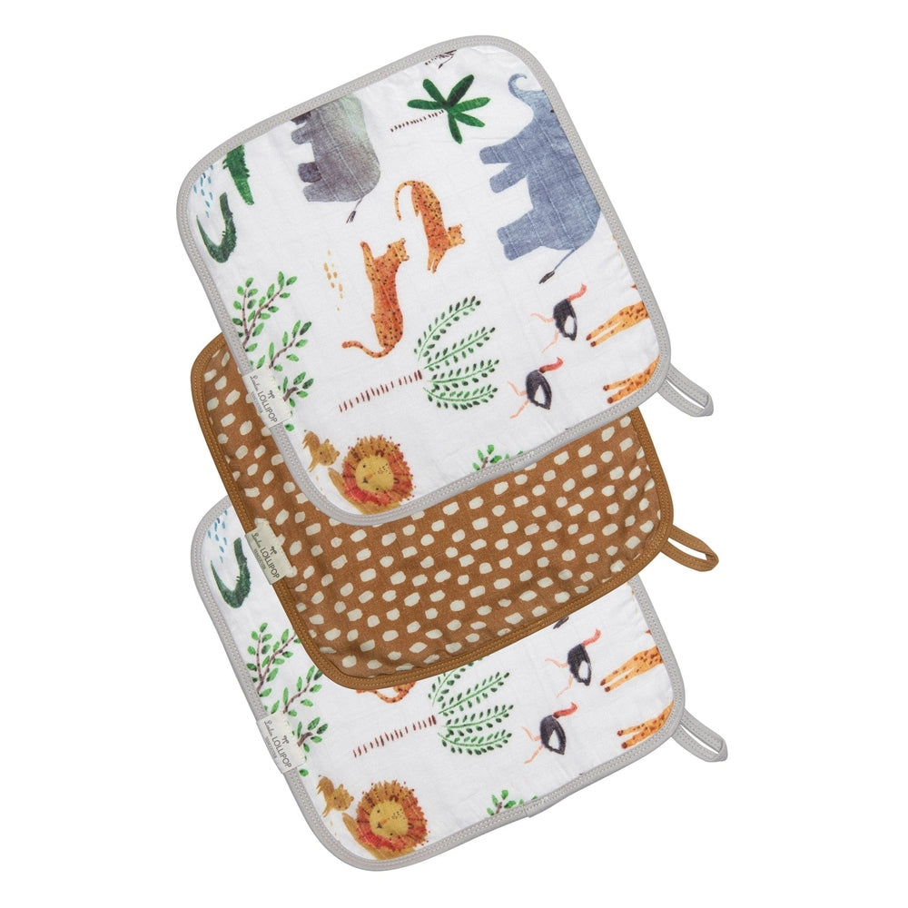 Loulou Lollipop Washcloth 3-Piece Set: white animal-print towels with brown dotted accent for baby bath.