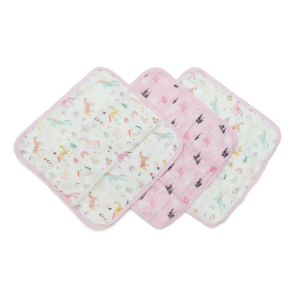 Loulou Lollipop Washcloth 3 Pieces Set: pastel unicorn-print baby washcloths with pink trim laid out in a gentle fan.
